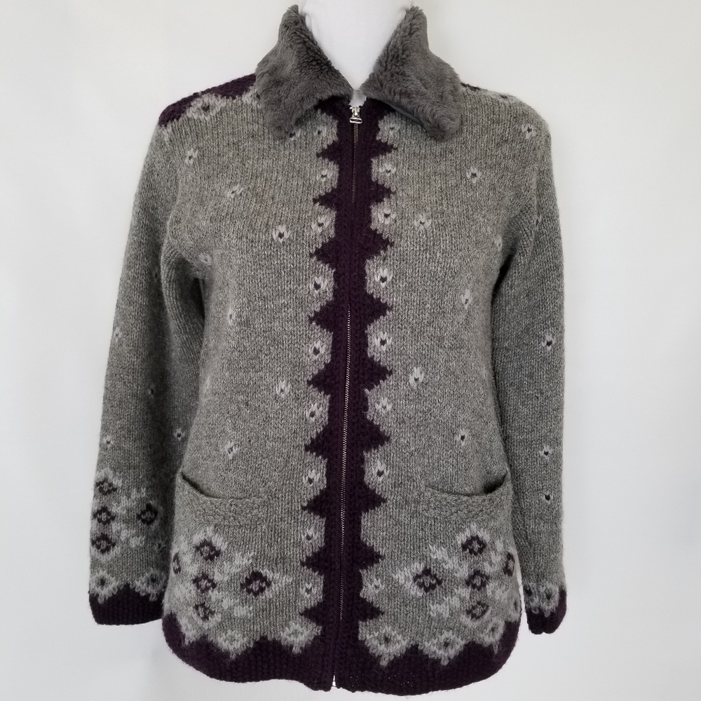✅Mac & Jac Grey Wool Fair Isle Hand Knit Cardigan Removable Convertible Fur Coll